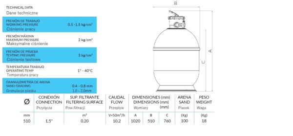 Tebas Sandfilteranglage Syrius II 510 mm mit oberen Ventil 1 1/2", max. Durchfluss 9,0 m³/h - 100 kg Sand
